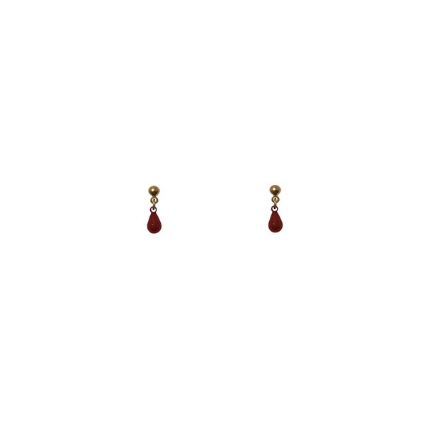 Vintage 1980's Gold Plated Red Enamel Metal Small Dainty Teardrop Droplet Dangle Drop Studs Earrings / REDUCED DAMAGED