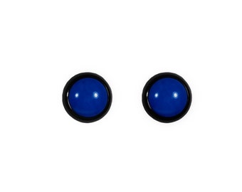 Vintage 1980's Black Indigo Blue Round Circle Border Plastic Medium Retro Statement Clip On Earrings