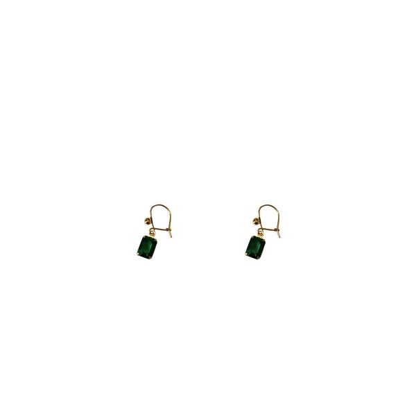 Vintage 1950's Repurposed Rolled Gold Emerald Green Swarovski Crystal Small Dainty Dangle Drop Hook Earrings