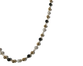 vintage années 1990 Plaqué Or Noir Blanc Fausse Perle Ronde Dainty Chain Collier