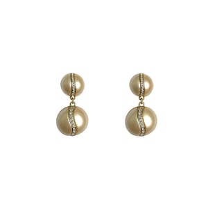 Vintage 1980's Gold Cream White Faux Pearl Clear Crystal Encrusted Wave Two Round Circle Classic Chic Dangle Drop Statement Clip On Earrings