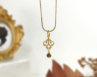 Gold Plated Orange Swarovski Crystal Ornate Pendant Rectangle Link Chain Necklace