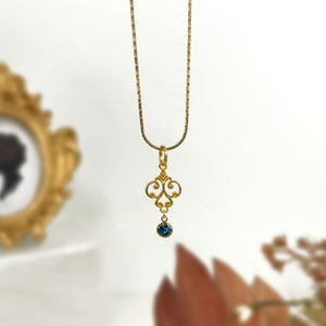 Gold Plated Blue Swarovski Crystal Ornate Pendant Rectangle Link Chain Necklace