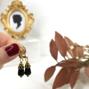 Victorian Style Gold Plated Black Teardrop Small Earrings