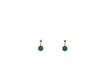 Vintage 1950's Rolled Gold Emerald Green Swarovski Crystal Round Circle Small Dainty Dangle Drop Studs Earrings