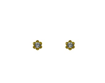 Vintage 1950's Rolled Gold Clear Crystal Faceted Stones Faux Diamonds Floral Flower Small Studs Earrings