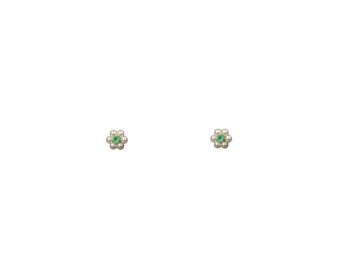 Vintage 1980's 9ct Gold Green Natural Emerald Cultured Pearl Cluster Six Petal Floral Flower Small 6mm Studs Earrings May Birthstone