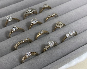 Vintage 9ct Gold CZ Rings: Solitaire, Heart, Floral - Multiple Styles & Sizes