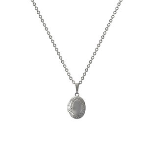 Silver Plated Two Double Compartment Small Dainty Oval Ornate Keepsake Pendant Stacking Layer Locket Necklace