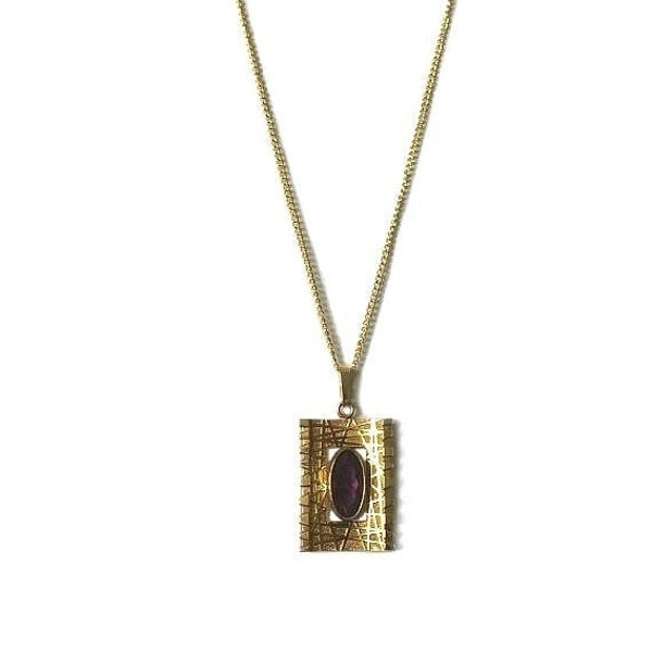 Vintage 1950's Rolled Gold Amethyst Purple Crystal Paste Oval Rectangle Scribble Lined Pendant 18 Inch Chain Necklace Signed Foreign A&D