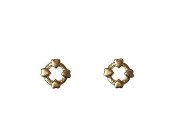 Vintage 1970's Gold Four Love Heart Diamond Shaped Cut Out Center Medium Feminine Retro Classic Chic Clip On Earrings