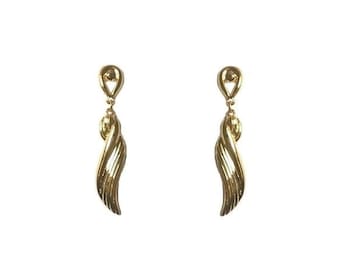 Vintage 1970's Gold Twisted Ridged Wave Medium Modernist Minimalist Avant Garde Unique Dangle Drop Studs Earrings