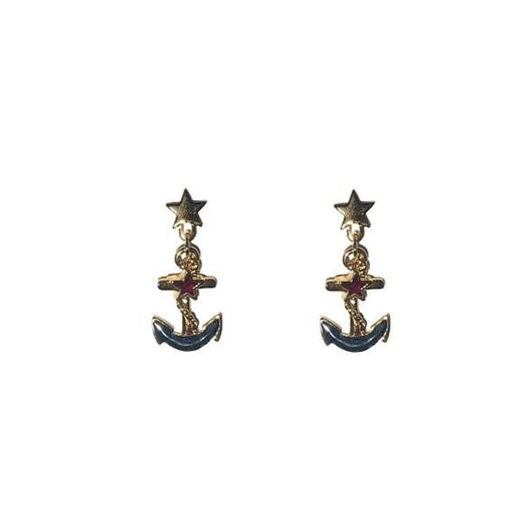 Vintage 1990's Gold Dark Green Red Nautical Sailor Anchor Stars Celestial Classic Chic Pin Up Retro Medium Dangle Drop Studs Earrings