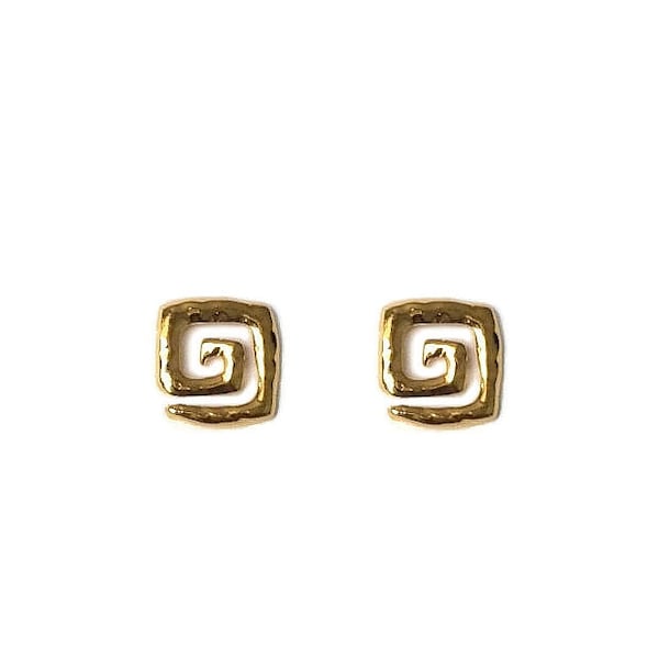 Vintage 1970's Gold Hammered Geometric Square Spiral Swirl Retro Avant Garde Medium Statement Studs Earrings