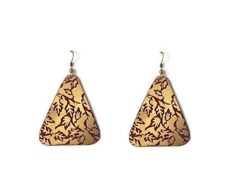 vintage 1980's Or Rouge Orné Feuilles Florales Motif Triangle Triangulaire Rétro Grande Déclaration Dangle Drop Hook Boucles d’oreilles