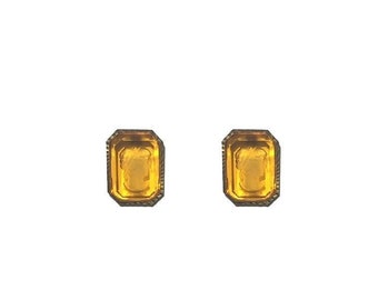 1950s Citrine Crystal Cameo Earrings: Rolled Gold Portrait Studs