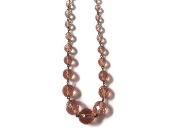 Vintage 1930’s Art Deco Pastel Pink Faceted Glass Crystal Beads Gold Swirl Links Collarbone Necklace