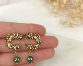 Grecian Style Gold Plated Wreath Real Green Pearl Earrings