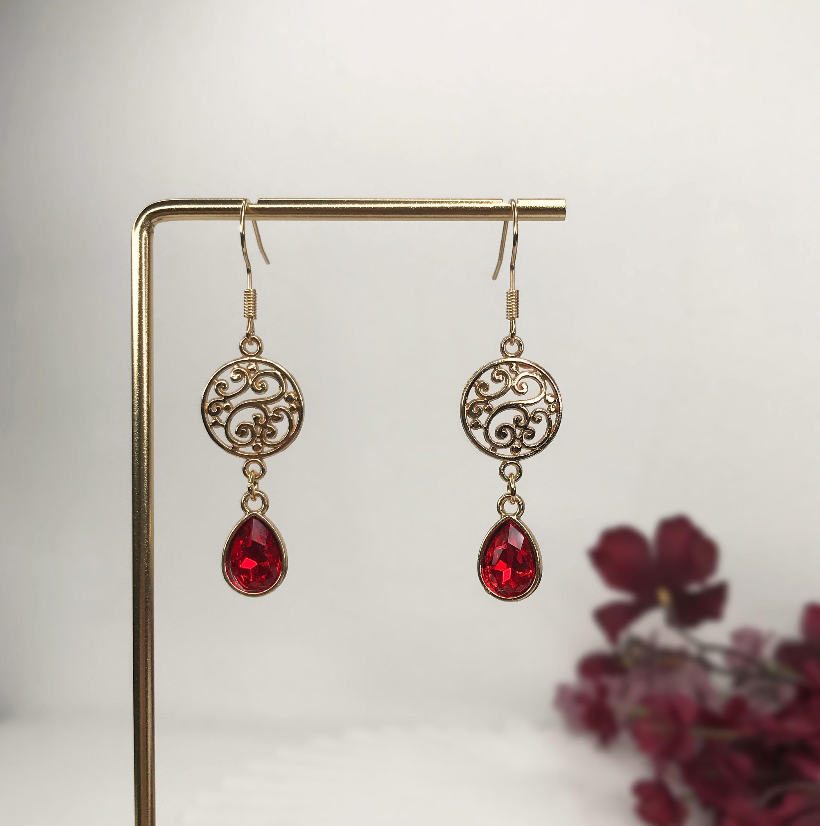 Gold Plated Ornate Red Crystal Teardrop Earrings - Etsy Ireland
