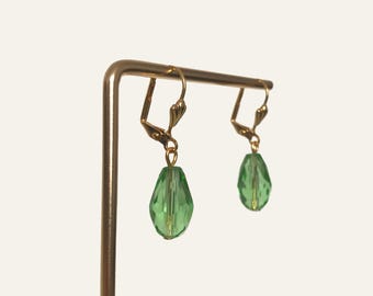 Gold Plated Light Green Czech Crystal Faceted Teardrop Earrings