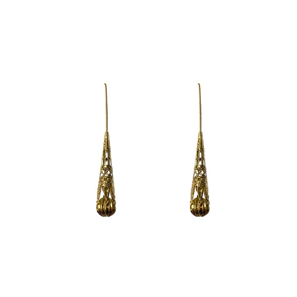 Vintage 1990's Gold Plated Ornate Openwork Lightweight Long Statement Drop Hook Earrings