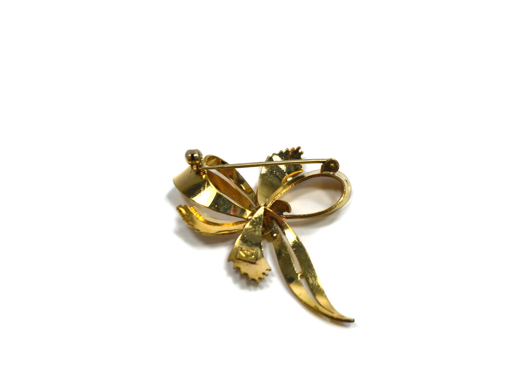 Vintage 1950's Rolled Gold Ribbon Bow Ornate Openwork Medium