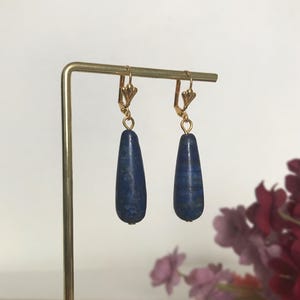 Art Deco Style Gold Plated Blue Marbled Lapis Lazuli Quartz Stone Earrings