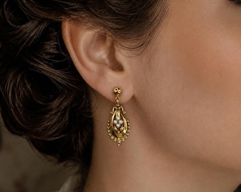 Victorian Style Dark Gold Faux Pearl Scalloped Earrings