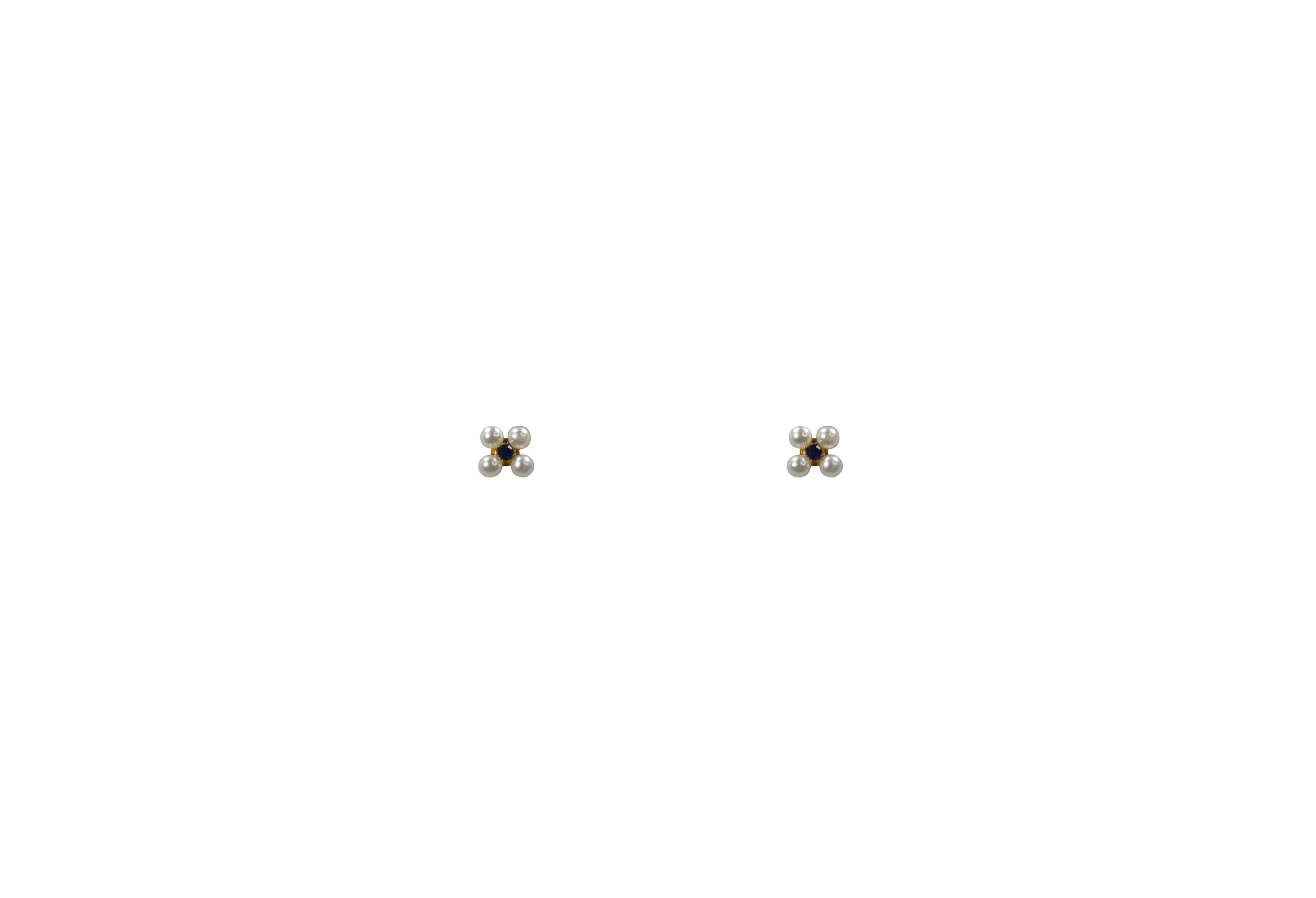 Vintage 1980's 9ct Gold Blue Natural Sapphire Simulated Pearl Cluster Four Petal Floral Flower Small 6mm Studs Earrings September Birthstone