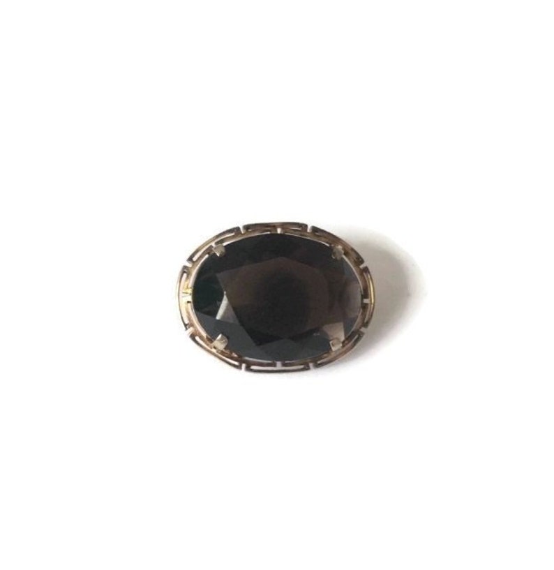 Vintage 1950/'s Dark Amber Brown Czech Glass Gold Tone Meandor Setting Statement Brooch