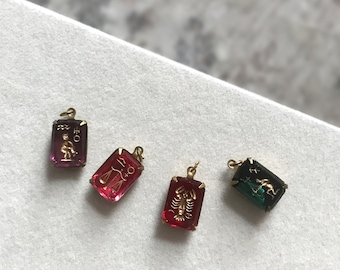 Vintage Crystal Zodiac Astrology Star Sign Intaglio Rectangle Pendant / Multiple Options
