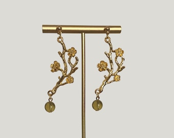 Floral Gold Plated Olive Green Czech Crystal Earrings