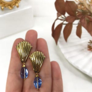 Art Deco Style Gold Plated Periwinkle Blue Crystal Coquille Shell Earrings