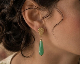 Art Deco Inspired Green Aventurine Teardrop Earrings