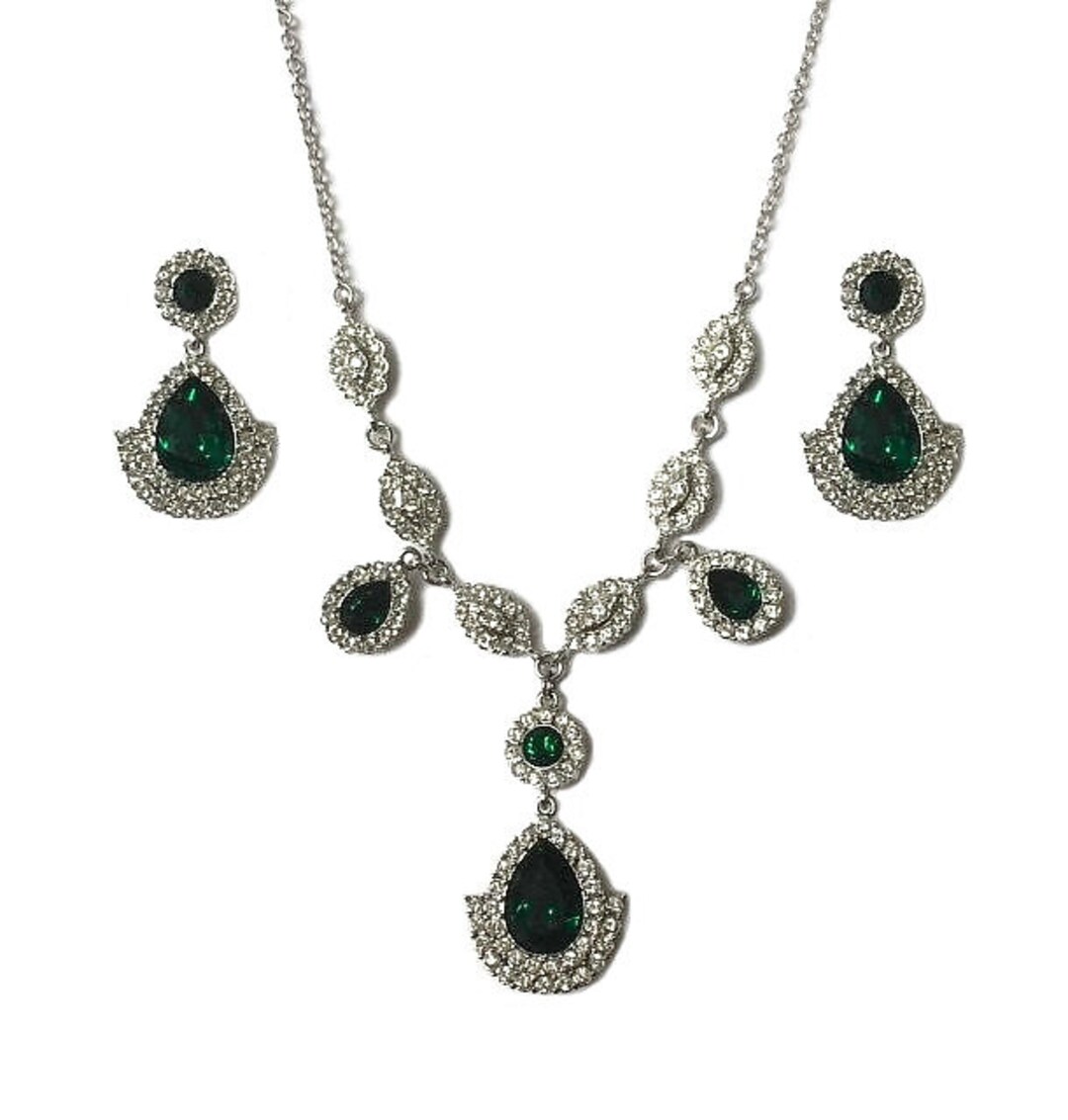 Vintage 1980's Art Deco Style Silver Emerald Green Clear