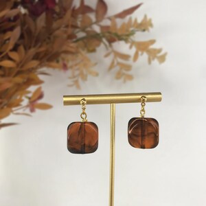 May include: A pair of drop earrings featuring square-shaped, translucent brown resin beads suspended from small gold-toned metal ball studs. The earrings are displayed on a gold-toned T-bar stand, showcasing the smooth, polished finish of the brown beads.