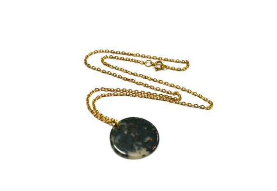 Vintage 1970's Gold Green Moss Agate Semi Preciou… - image 3