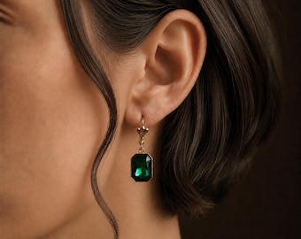 Art Deco Style Gold Plated Emerald Green Crystal Earrings