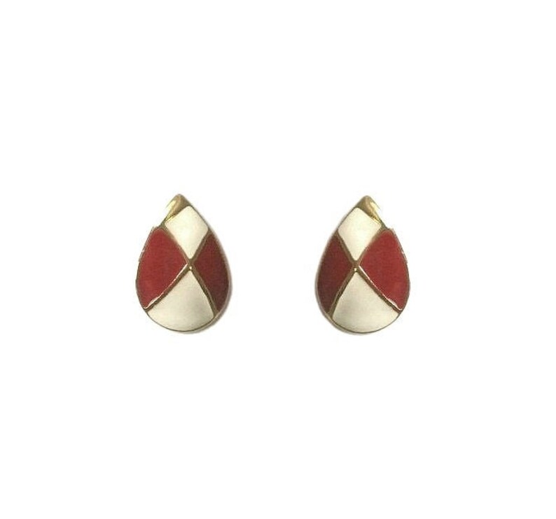 Vintage 1980/'s Gold White Red Teardrop Geometric Argyle Pattern Retro Medium Retro Statement Clip On Earrings