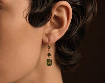 Art Deco Style Olive Green Crystal Drop Earrings