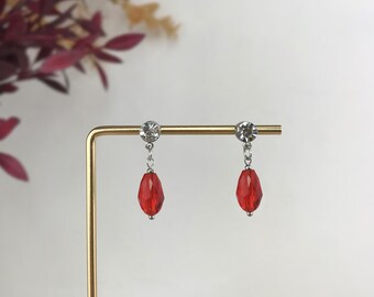 Silver Red Crystal Faceted Teardrop Small Studs Earrings