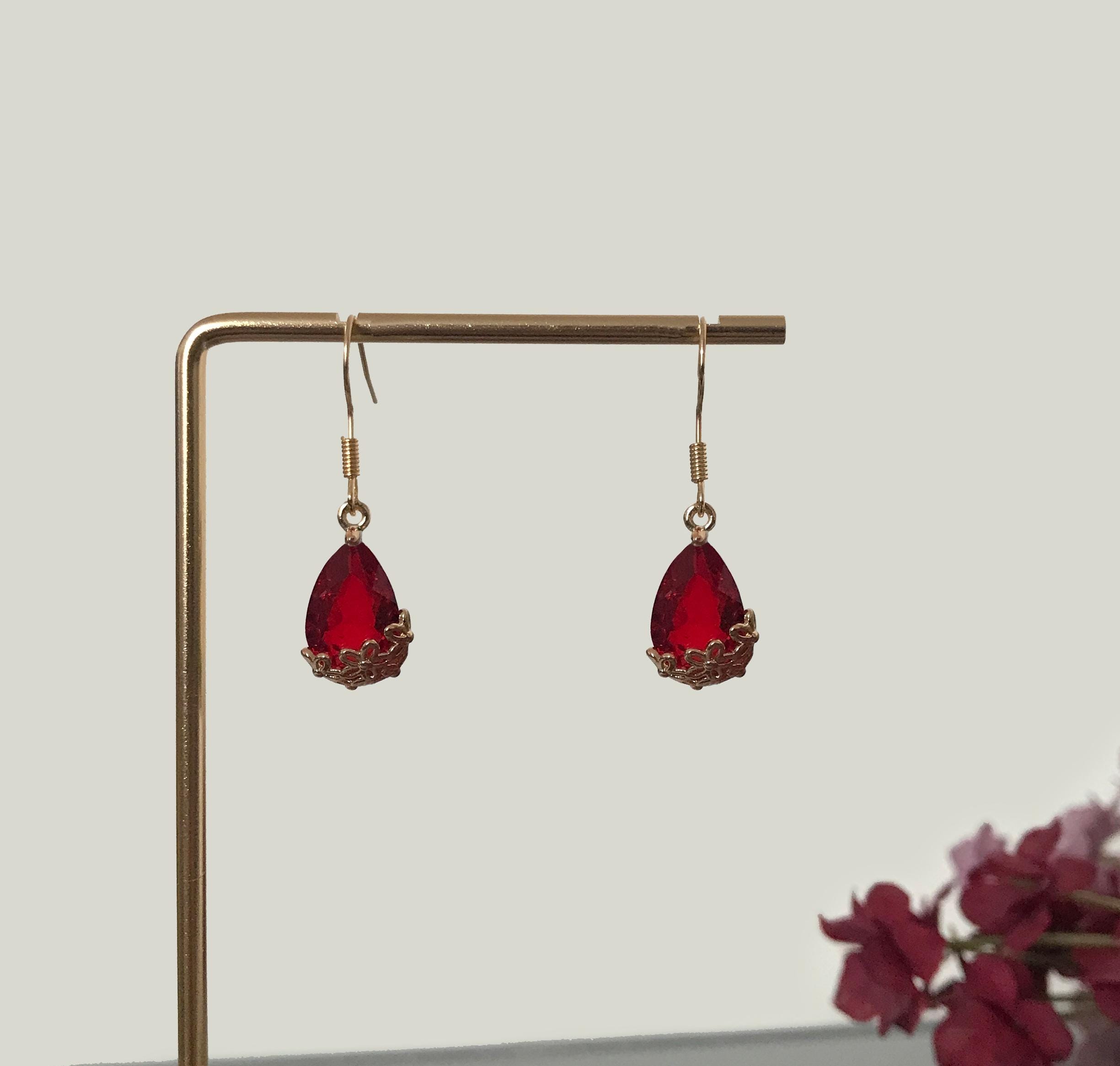 Gold Plated Red Crystal Teardrop Floral Earrings - Etsy Israel