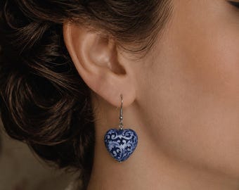 Blue White Willow Romantic Heart Porcelain Earrings