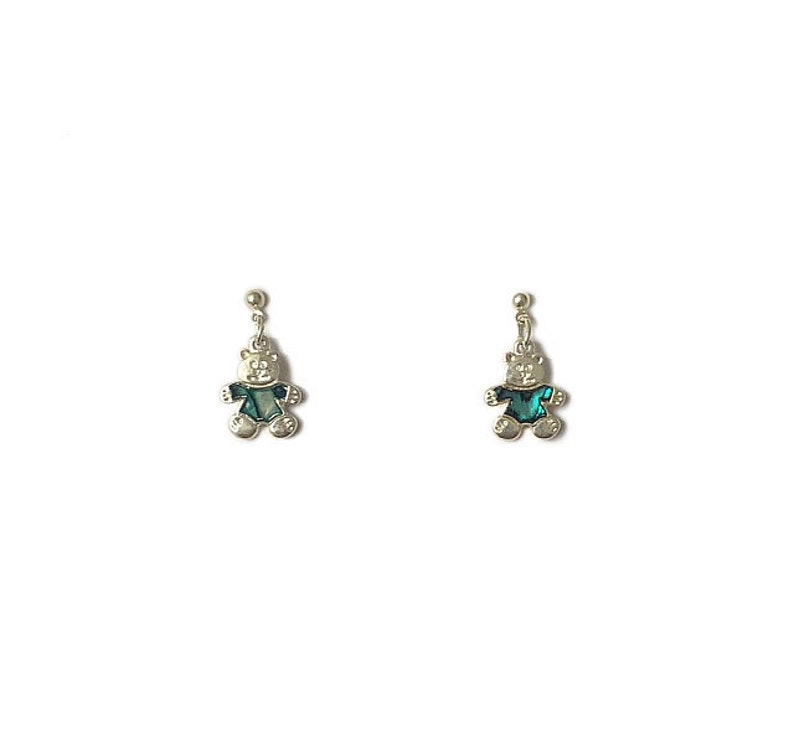 Vintage 1980/'s Silver Blue Green Yellow Iridescent Shimmery Paua Abalone Shell Cute Teddy Bear Small Push Back Studs Dangle Drop Earrings