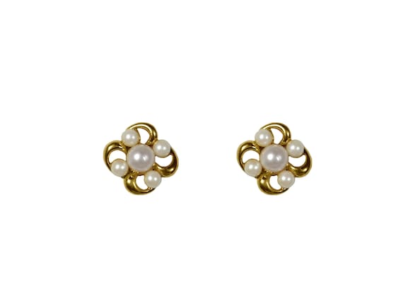 Vintage 1970/'s Gold White Three Triple Pearl Twisted Spiral Triangle Small Clip On Earrings