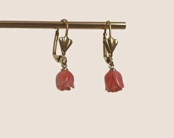 Art Deco Style Real Coral Stone Carved Rose Elegant Dainty Handmade Earrings