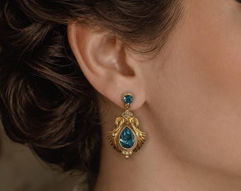 Art nouveau 18kt vergulde blauwe kristallen oorbellen