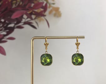 Art Deco Style Gold Plated Olive Green Round Square Crystal Earrings