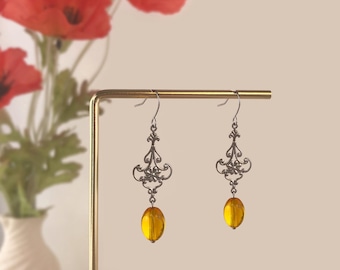 Silver Plated Sunflower Yellow Crystal Ornate Floral Earrings