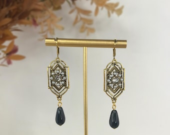 Tsjechische vergulde diep marineblauwe traanoorbellen in art-decostijl